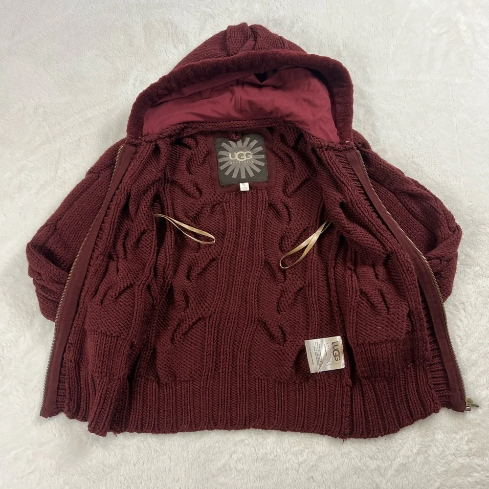 UGG Australia Lamb Trim & Merino Wool Cable Knit Hooded Cardigan - Picture 4 of 11